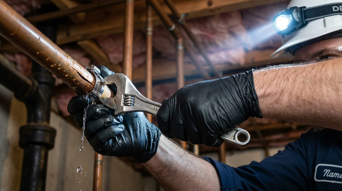Emergency pipe clamp repair being performed by a Johns Plumbing LLC plumber in Tuscola