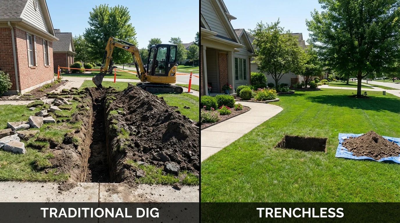 Trenchless sewer repair with minimal yard damage versus traditional excavation in Tuscola, IL