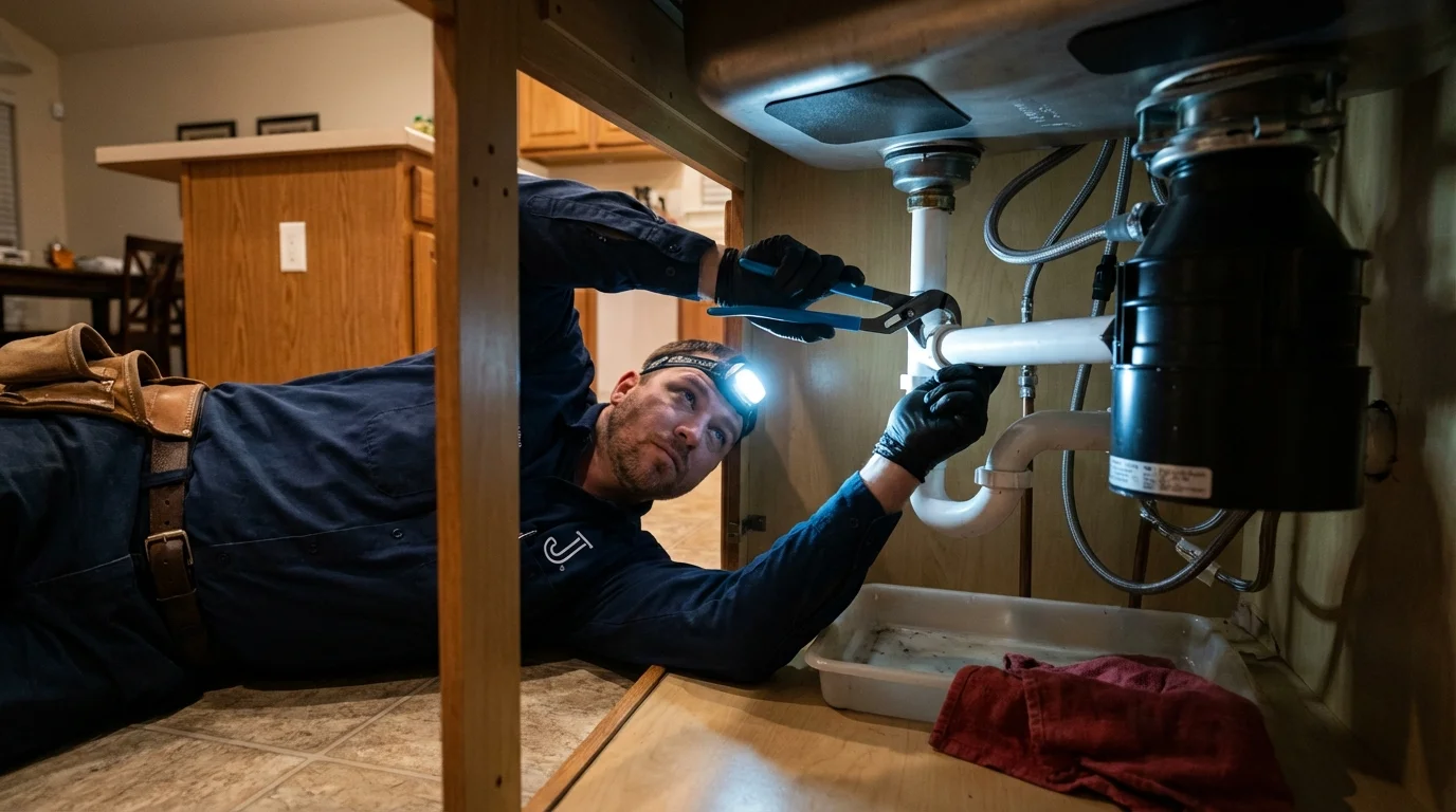 P-trap and supply line connections under a kitchen sink showing a common leak point in Tuscola, IL